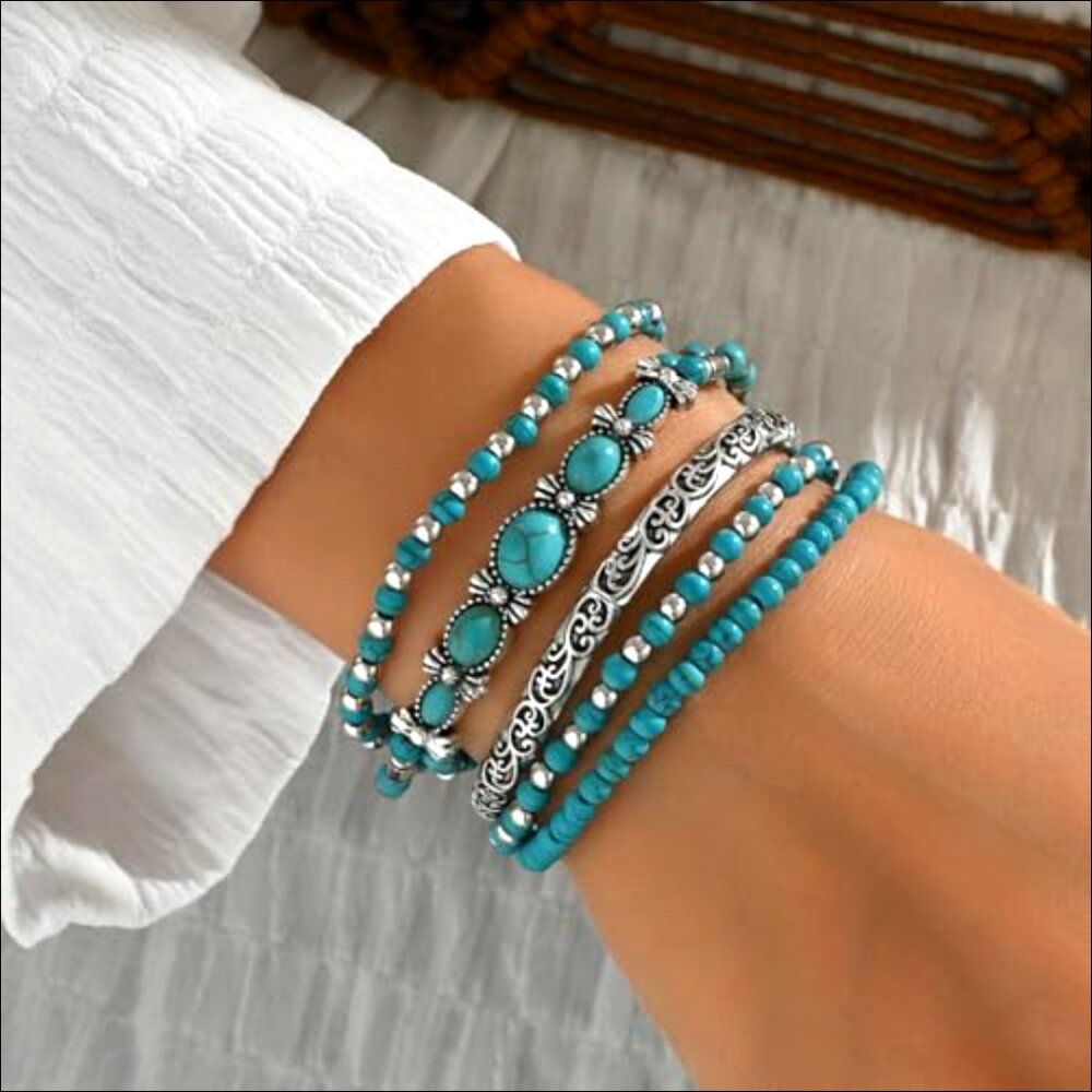 Stretch Turquoise Beaded Bracelet Set, Boho Western Stackable Jewelry - Picture 3 of 7